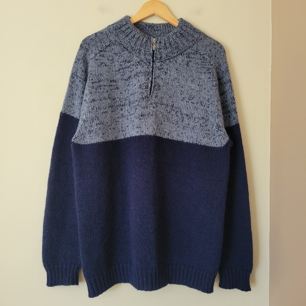 Mauro Sergio Men's Wool Blend Knit Quarter Zip Mock Neck Navy Blue Sweater Sz L